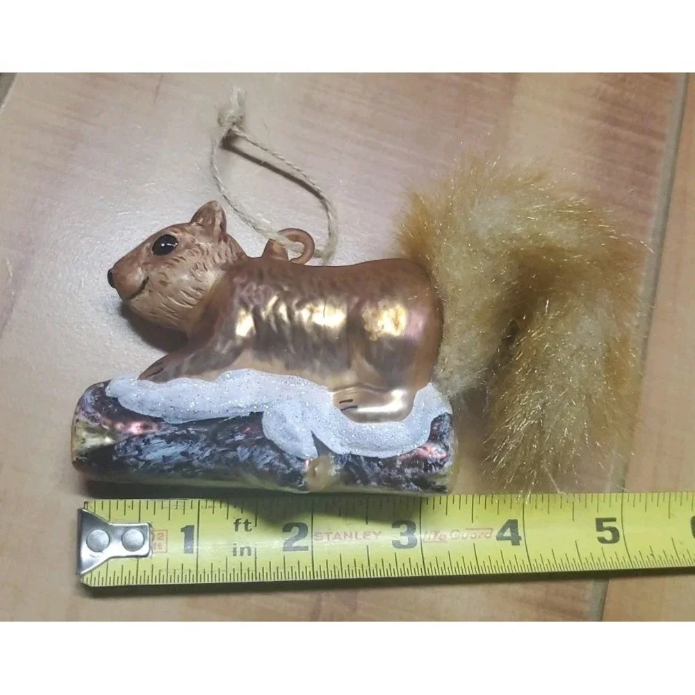Squirrel Christmas Ornament Hand Blown‎ Glass Animal Plush Fur Tail 5